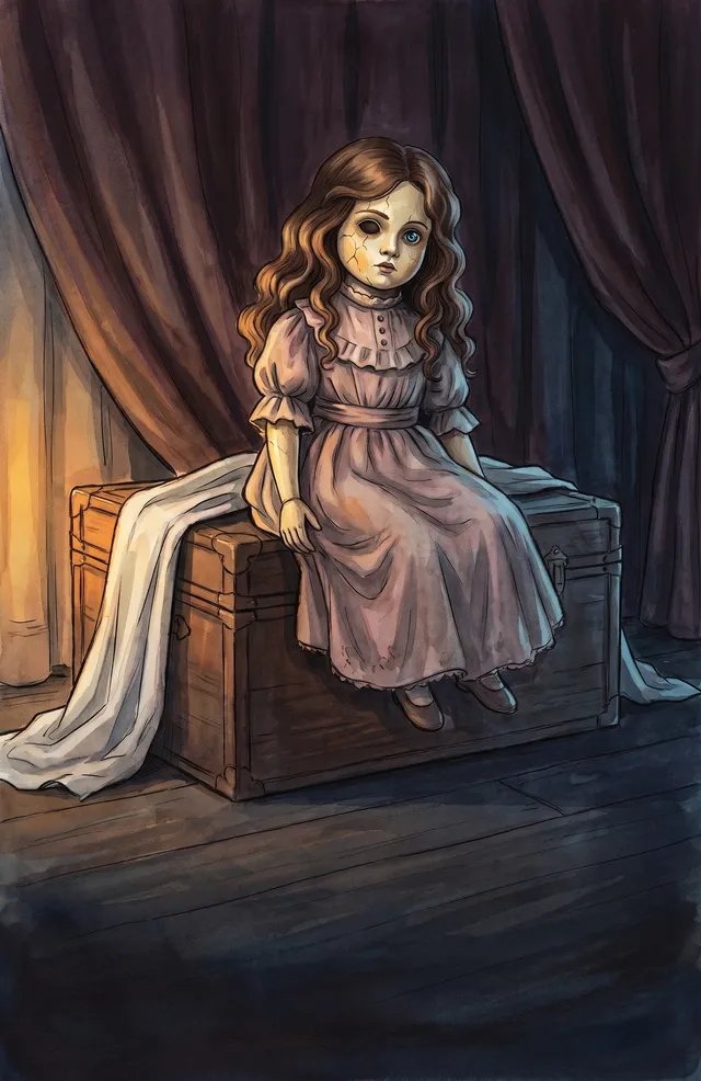 Elspeth, a cracked porcelain doll in a faded dress with one blue glass eye, sitting on an old attic trunk